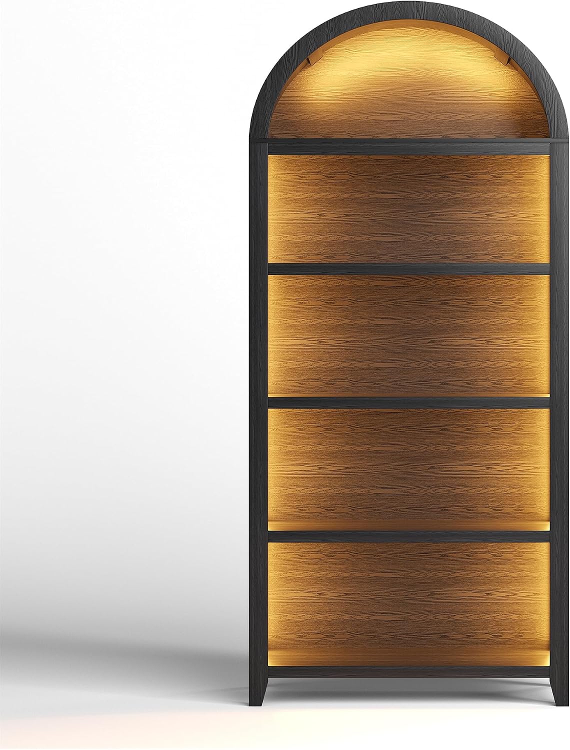 Arch Bookcase - 5 Tiers Bookshelf with 3 Colors LED Sensor Lights and Thickened Wooden Design Display Shelf for Lego Books Bathroom Living Room - Ideal Gift (Black)