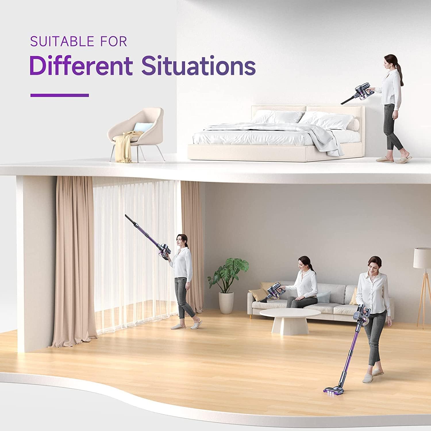 Lubluelu Cordless Vacuum Cleaner, Stick Vacuum Cordless Rechargeable with Lightweight 235W Brushless Motor, Self-Standing and Handheld Design for Carpet, Hard Floor and Pet Hair (Purple)