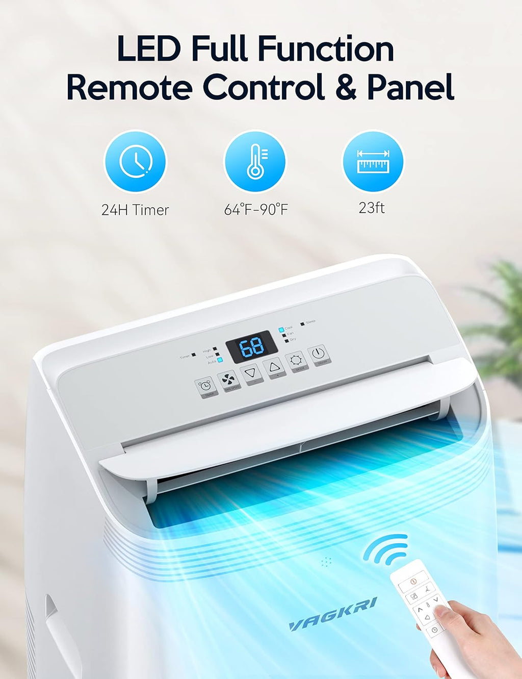 VAGKRI 12,000 BTU Portable Air Conditioner, 3-in-1 AC with Fan & Dehumidifier, Cools up to 450 Sq.Ft, Energy Efficient AC Unit with Remote Control, Sleep Modes, 24H Timer for Bedroom, Room, Office