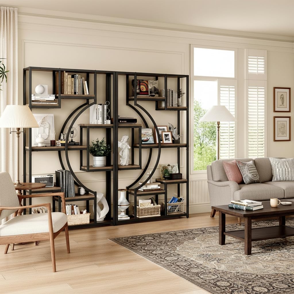 HolliWill 70.8' Tall Bookshelf Set of 2, 79' Wide Geometric Display Shelf with 18 Open Storage Shelves, Etagere Bookcase for Living Room, Office, Bedroom - Anti-Tip & Adjustable Feet