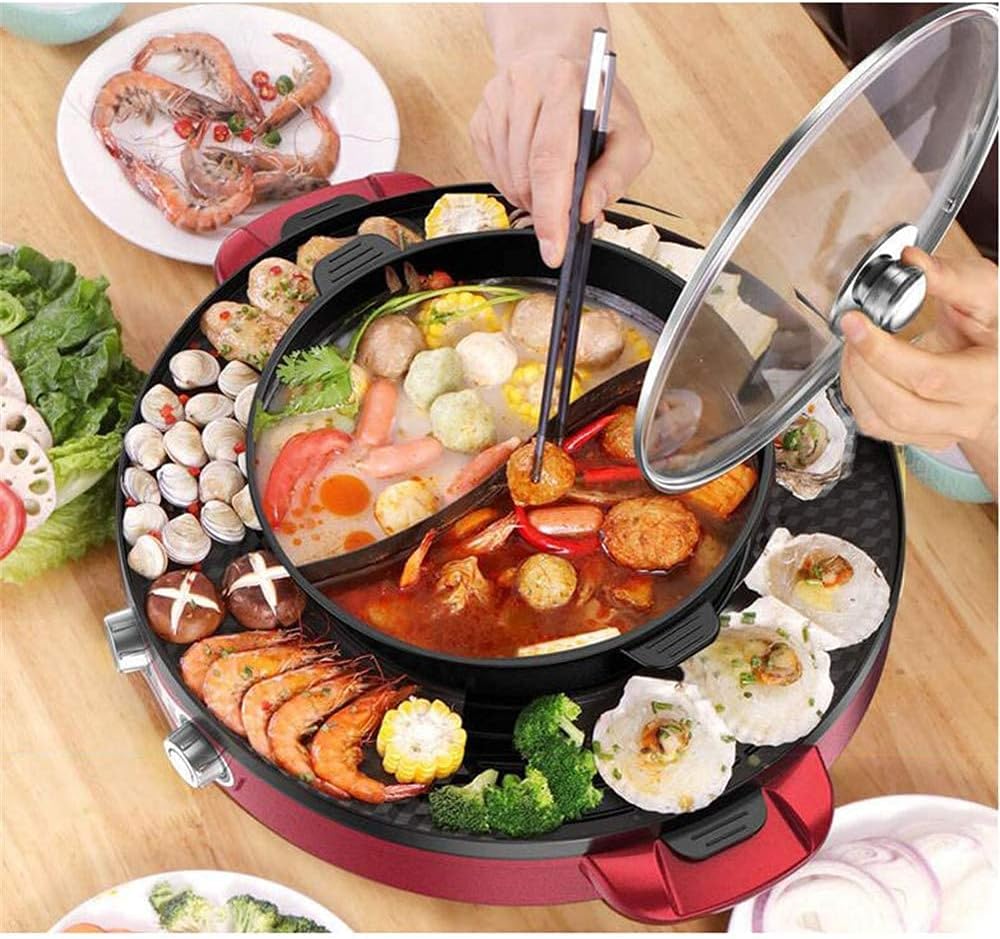 Electric Grill Indoor 2200W 2 in 1 Electric Smokeless Grill And Hot Pot, Easy To Clean BBQ & Shabu Shabu with Independent Temperature Control, 3.6L Large Capacity for Gatherings