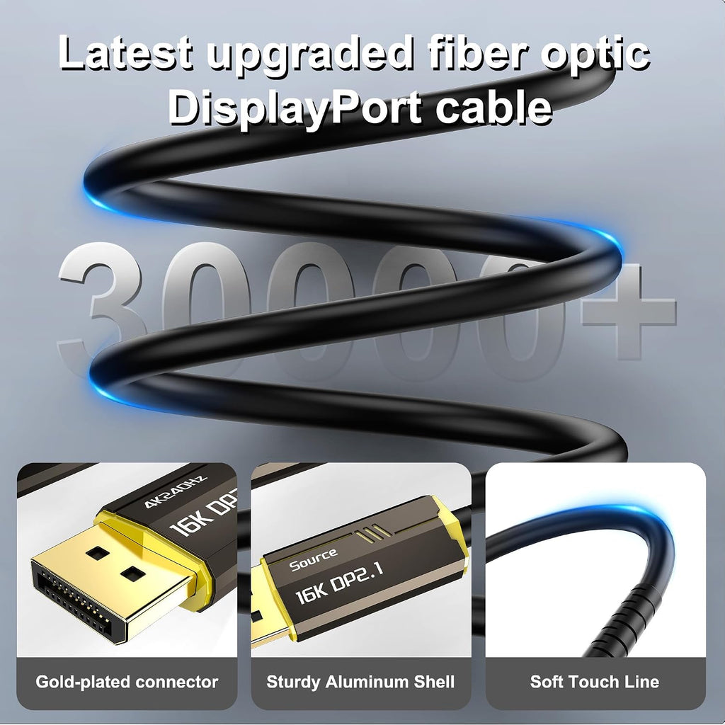 Fiber Optic DisplayPort Cable 2.1 50ft, 16K Fiber DisplayPort 2.0 Cable Supports 54Gbps [16K@30Hz, 8K@60Hz, 4K@240Hz] Supports FreeSync and G-Sync Technologies for Gaming Monitor Graphics PC