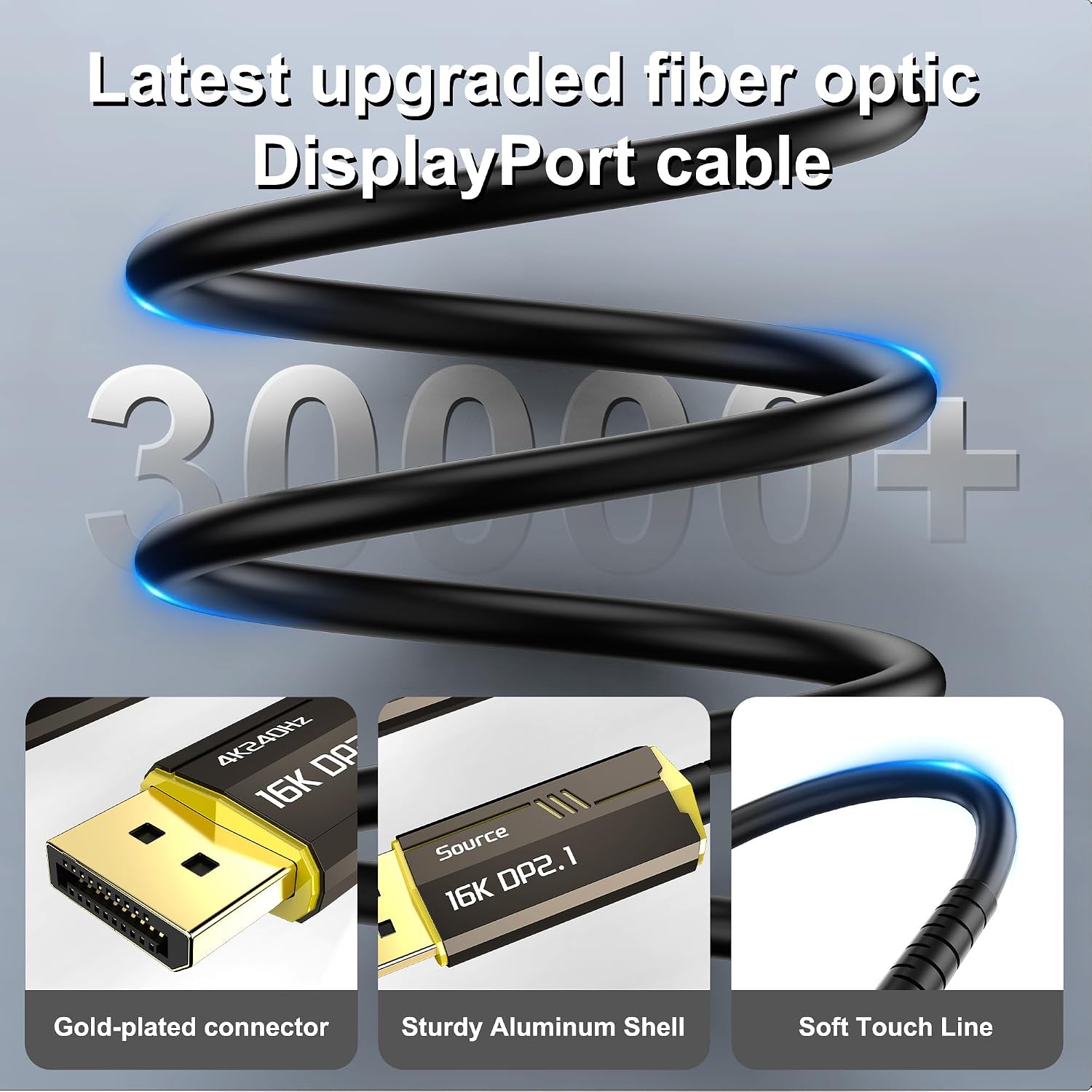 Fiber Optic DisplayPort Cable 2.1 80ft, 16K Fiber DisplayPort 2.0 Cable Supports 54Gbps [16K@30Hz, 8K@60Hz, 4K@240Hz] Supports FreeSync and G-Sync Technologies for Gaming Monitor Graphics PC