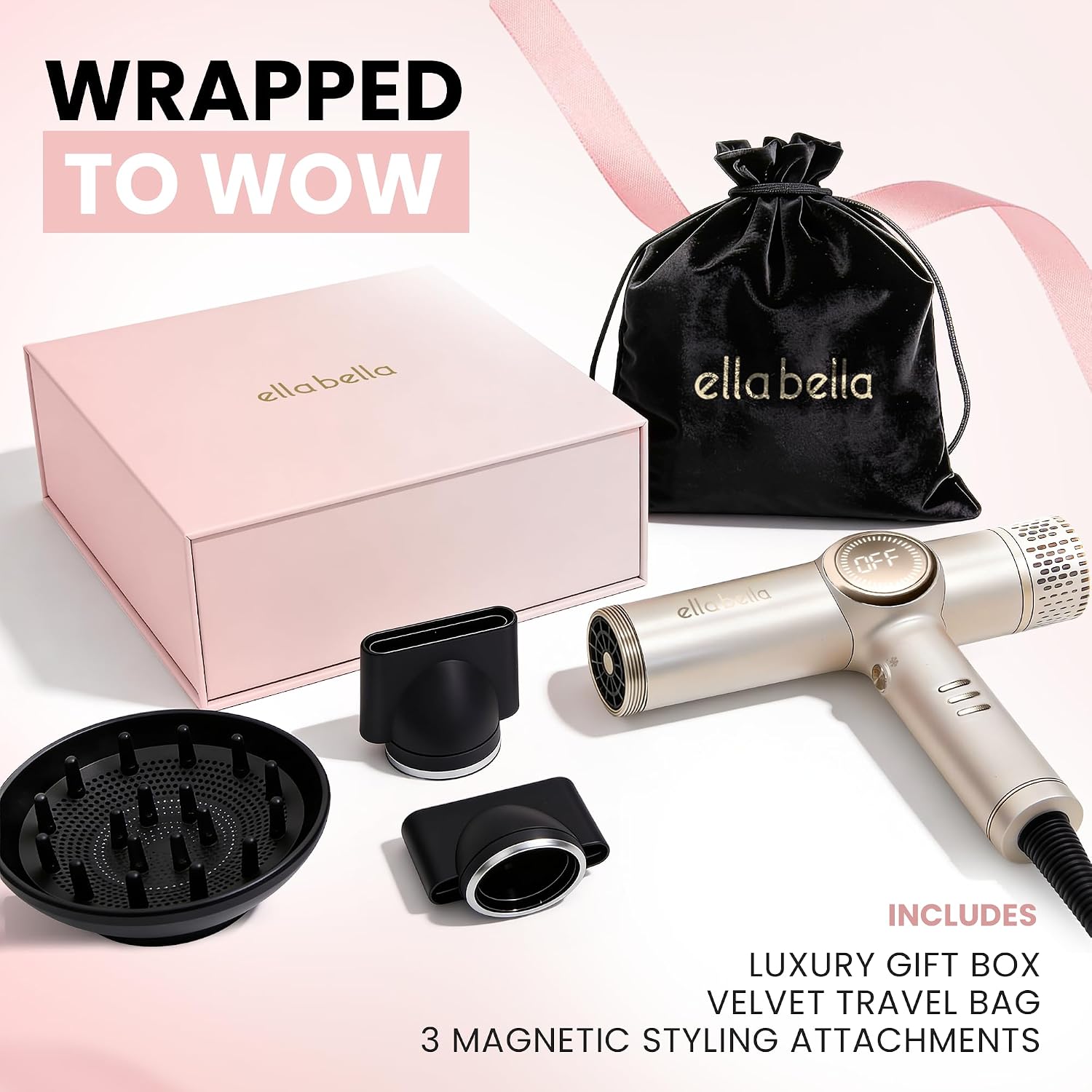 ELLA BELLA® Professional Ionic Hair Dryer with Diffuser • Negative Ion Blow Dryer • Suitable All Hair Types • Intelligent Heat Control & Rapid Drying Speeds • Lightweight Design • Low Noise Technology