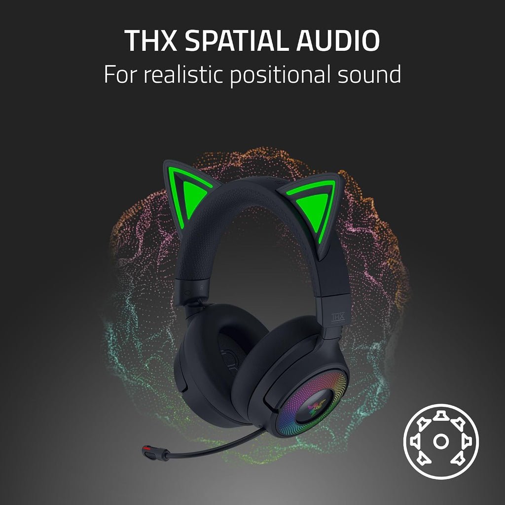 Razer Kraken Kitty V3 Pro Wireless RGB Gaming Headset: Chroma RGB Kitty Ears - 2.4 GHz, Bluetooth 5.3, USB A - Super Wideband Mic - 40mm Drivers - THX Spatial Audio - Comfortable Ear Cushions - Black