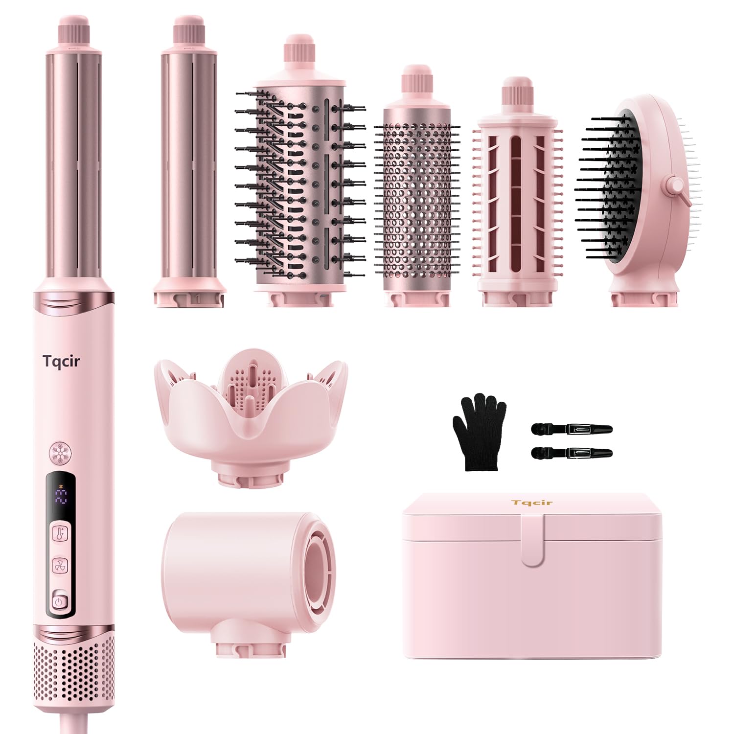 Tqcir 8-in-1 Professional Hot Air Styler&Hair Dryer Brush, Powerful Multi-Styler with Auto-Wrap Curler with Storage Case, Fast Drying Curling Straightening Volumizing Without Heat Damage(Pink)