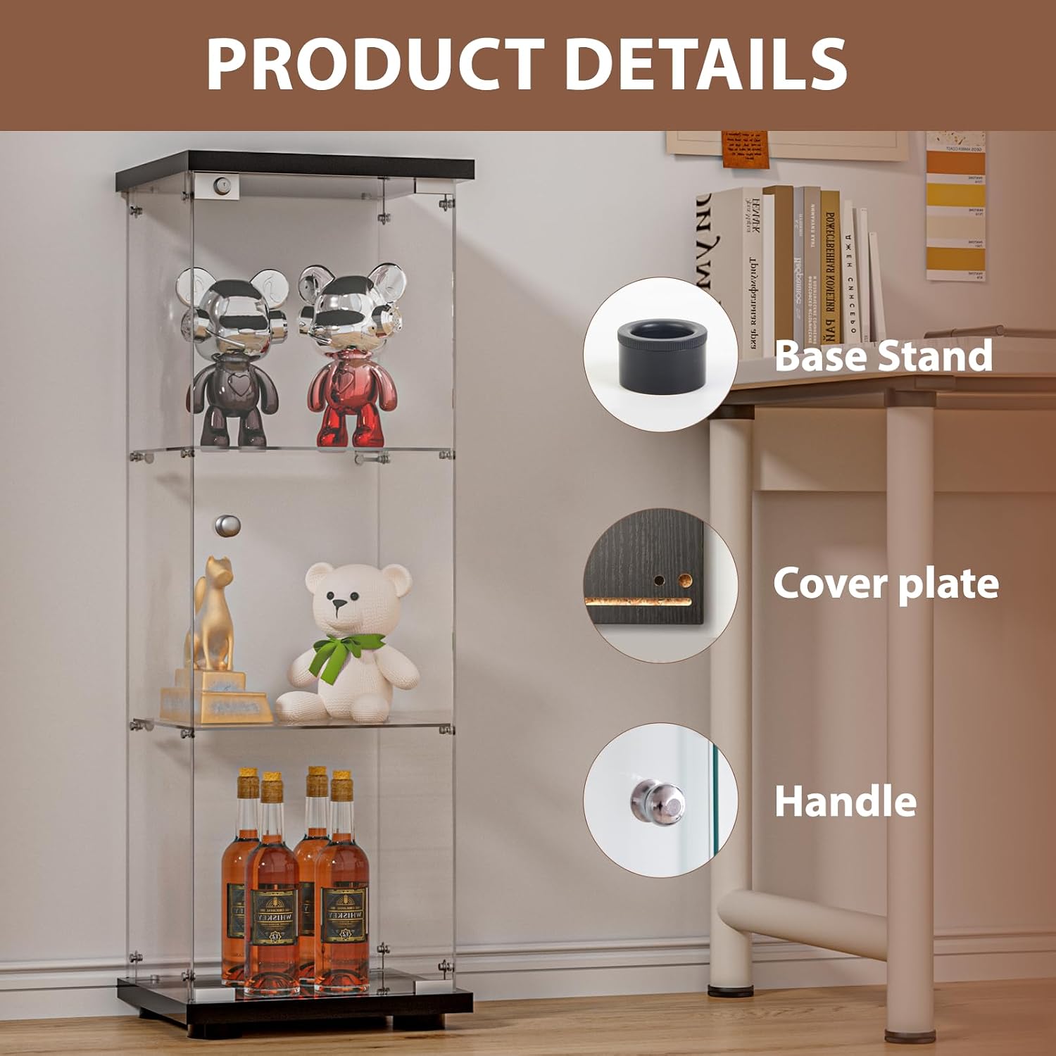 FANYUSHOW 3-Shelf Glass Display Cabinet with Door, Upgraded Quick-Install Style Curio Cabinets 5mm Tempered Glass Floor Standing Bookshelf for Bedroom, Living Room 49.1'x 16.7'x 14.3' Black