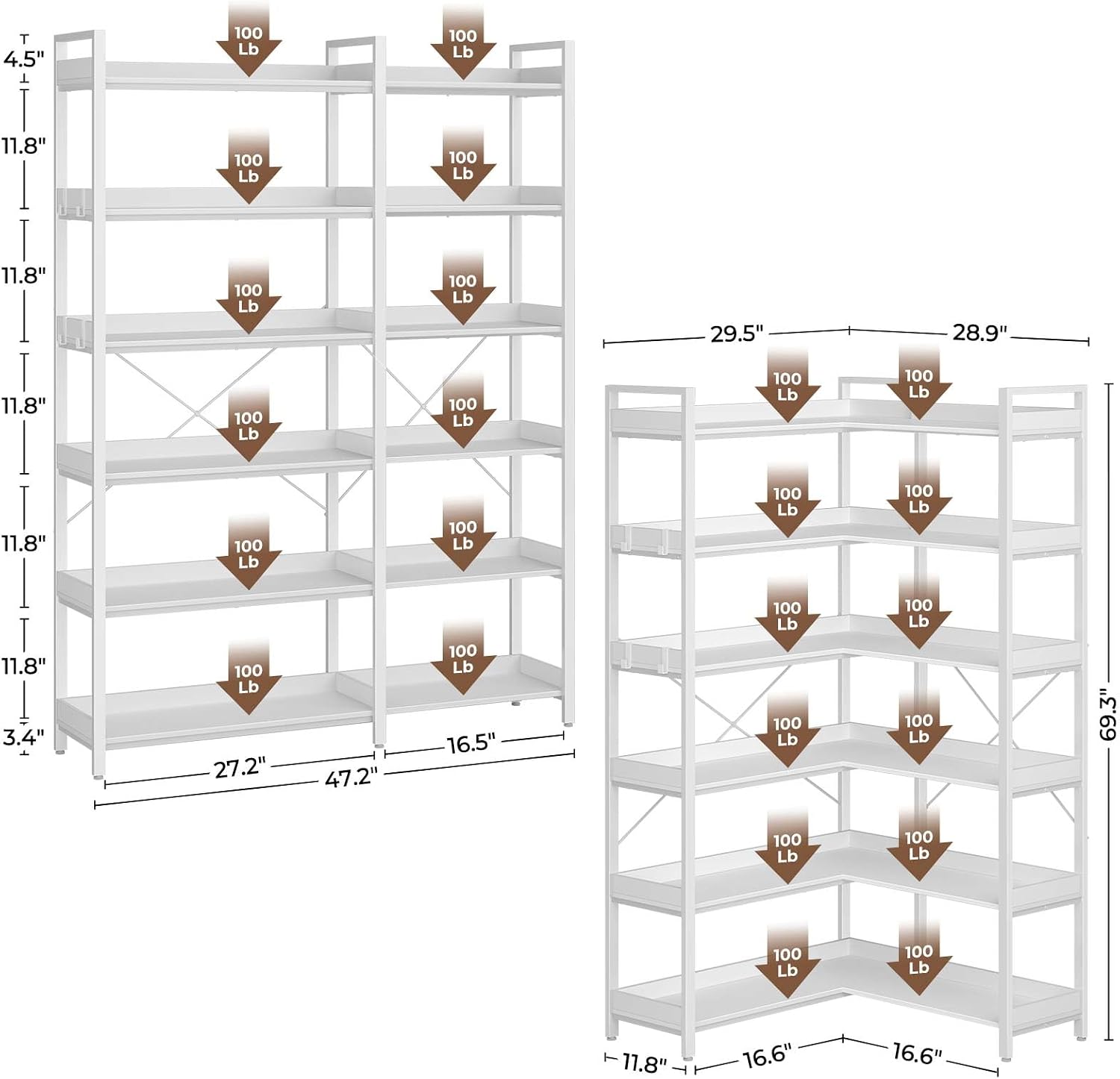 Rolanstar Bookshelf 6 Tier with 4 Hooks, Reversible Corner Bookshelf, 69' Industrial Wooden Bookcase with Open Shelves and Metal Frame for Living Room, Bedroom, Home Office, White