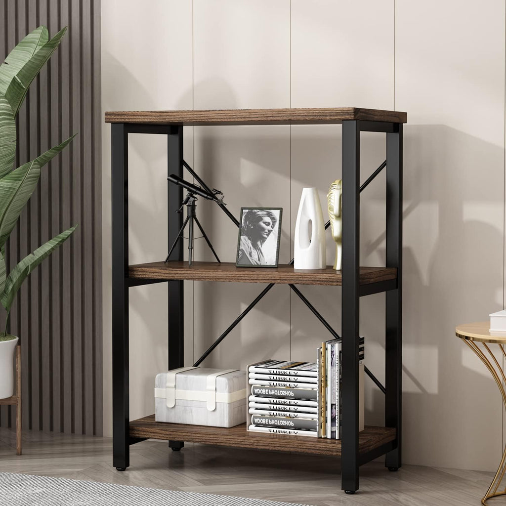 AY-AOYUAN 3 Tier Industrial Solid Wood Bookcases, Open Etagere Bookshelf with Metal Frame, Rustic Wood and Metal Shelving Storage Organizer for Living Room Book Shelves Furniture (AY01-3tier)