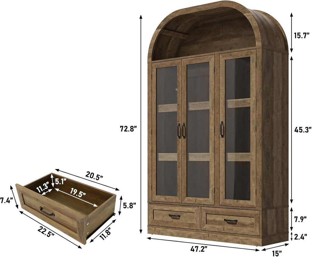 chartustriable 73' Tall Arched Kitchen Pantry Cabinet w Load-Bearing Steel Pipe,Modern Farmhouse Kitchens Storage Cabinet with Drawer and Glass Doors,Tall Arched Bookcase,Pantry Organizer(Natural)