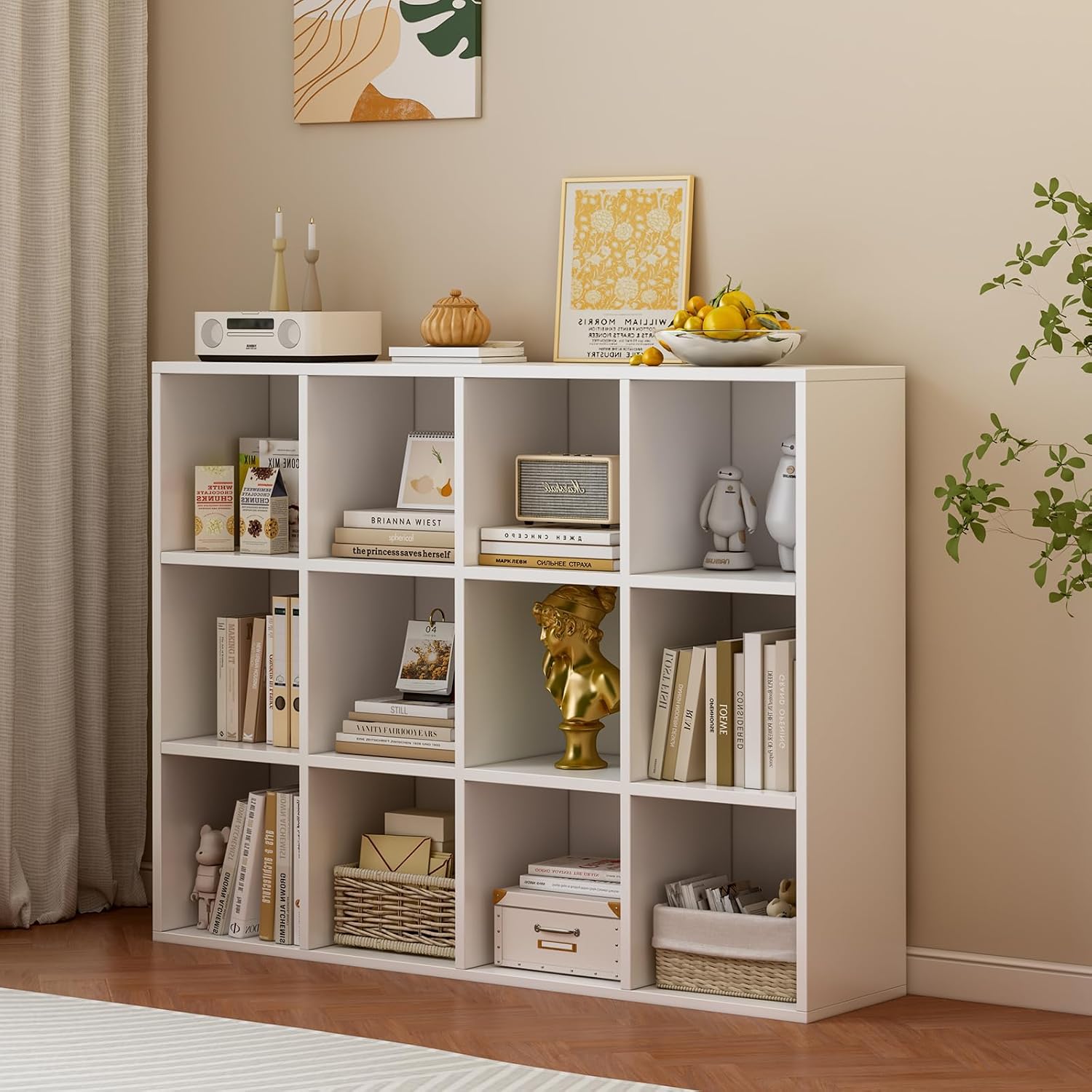 OSCHF 12-Cube Storage Shelf Bookcase - Wooden 3-Tier Floor Standing Open Bookshelf for Home and Office, Display Cabinet, Warm White