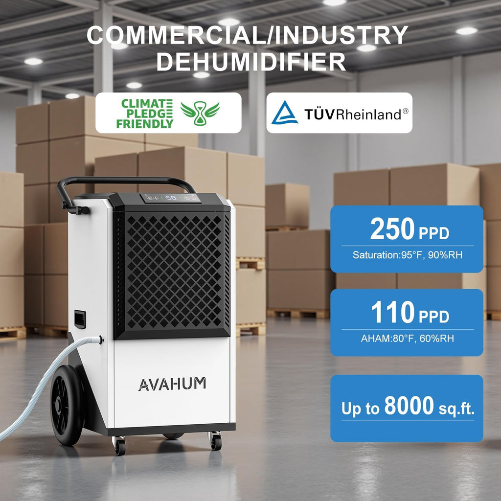 Commercial Dehumidifier,White Industrial Dehumidifier 250 Pint for 8,000 Sq.Ft Basement Warehouse Construction, Large Heavy Duty Commercial Grade Dehumidifiers with Drain Hose, Auto Defrost,Restart
