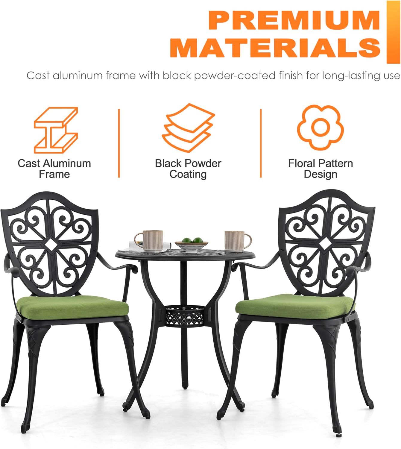 NUU GARDEN Outdoor 3 Piece Bistro Set with Cushions Round 24 Inch Cast Aluminum Table with 2.17 Inch Umbrella Hole and 2 Cast Aluminum Bistro Chairs for Patio Garden Backyard and Balcony Black
