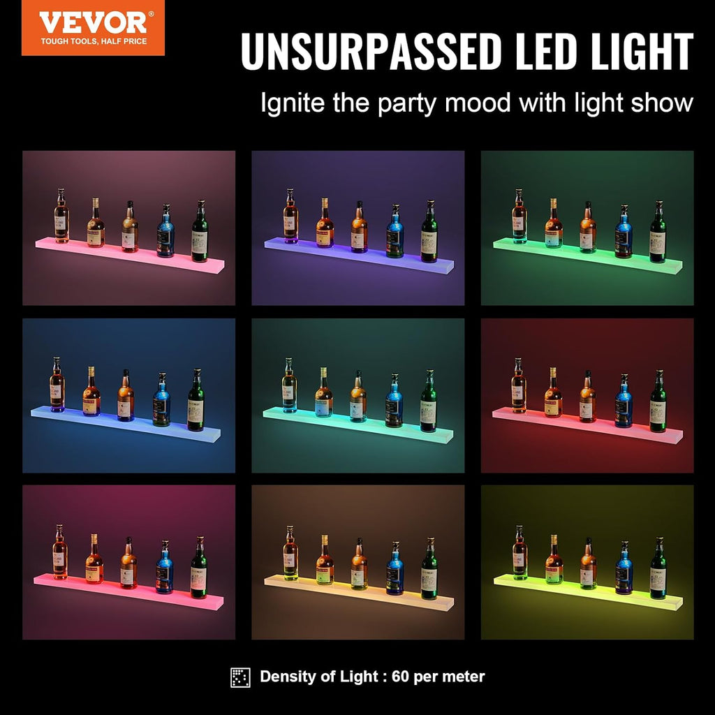 VEVOR LED Lighted Liquor Bottle Display, 1 Tier 40 Inch Wall Mounted Whiskey Rack Stand, 1 Step Commercial Illuminated Home Bar Shelf, Acrylic Drinks Light Shelves with RF Remote & App Control