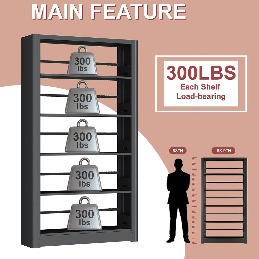 Large Metal Bookcase, 69' Modular Bookshelf with Storage, 5 Tier Bookcase with Adjustable Shelves, Extra Tall Book Shelves, Modern Book Case for Library, Office, Entryway, Living Room（Black）