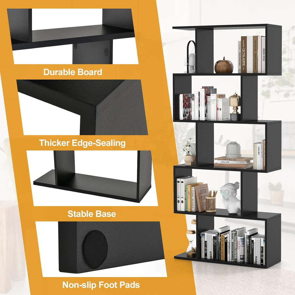 Tangkula 5-Tier Geometric Bookshelf, S Shaped Bookcase w/Anti-Toppling Device, Freestanding Room Divider, Industrial Home Office Decor Wood Open Storage Display Shelf for Living Room (2, Black)