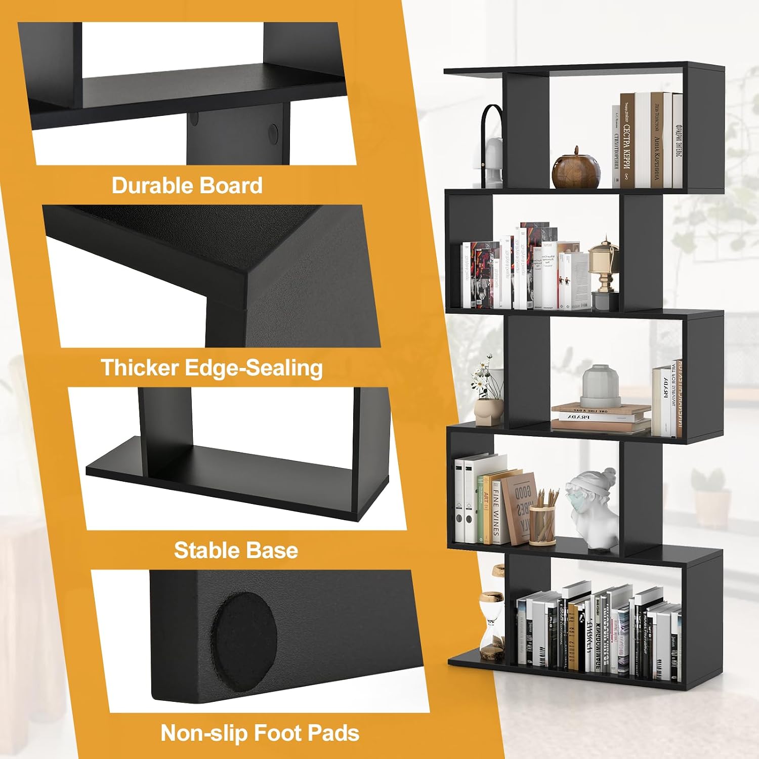 Tangkula 5-Tier Geometric Bookshelf, S Shaped Bookcase w/Anti-Toppling Device, Freestanding Room Divider, Industrial Home Office Decor Wood Open Storage Display Shelf for Living Room (2, Black)
