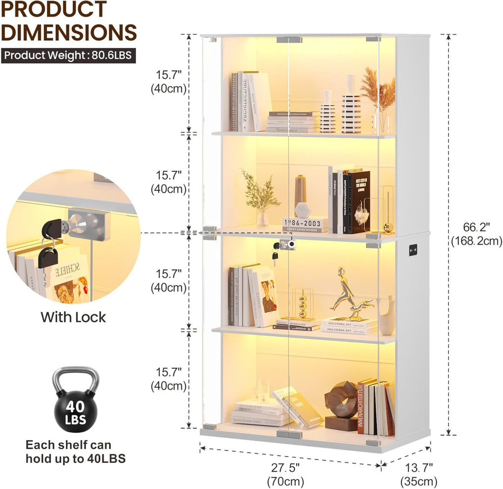 Lvifur Display Cabinet with Glass Doors,66' Curio Cabinet with Adjustable Shelf and Lockable,4-Tier Bookcase with 3 Color Lights for Collectibles,Storage Cabinets with Human Body for Books,Toys,White