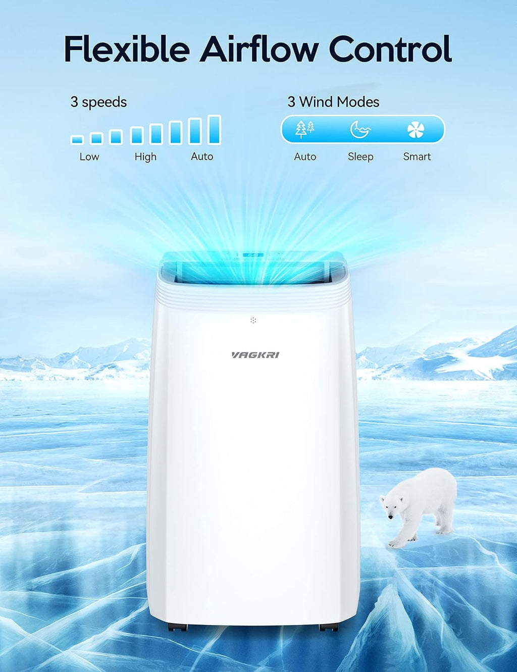 VAGKRI 12,000 BTU Portable Air Conditioner, 3-in-1 AC with Fan & Dehumidifier, Cools up to 450 Sq.Ft, Energy Efficient AC Unit with Remote Control, Sleep Modes, 24H Timer for Bedroom, Room, Office