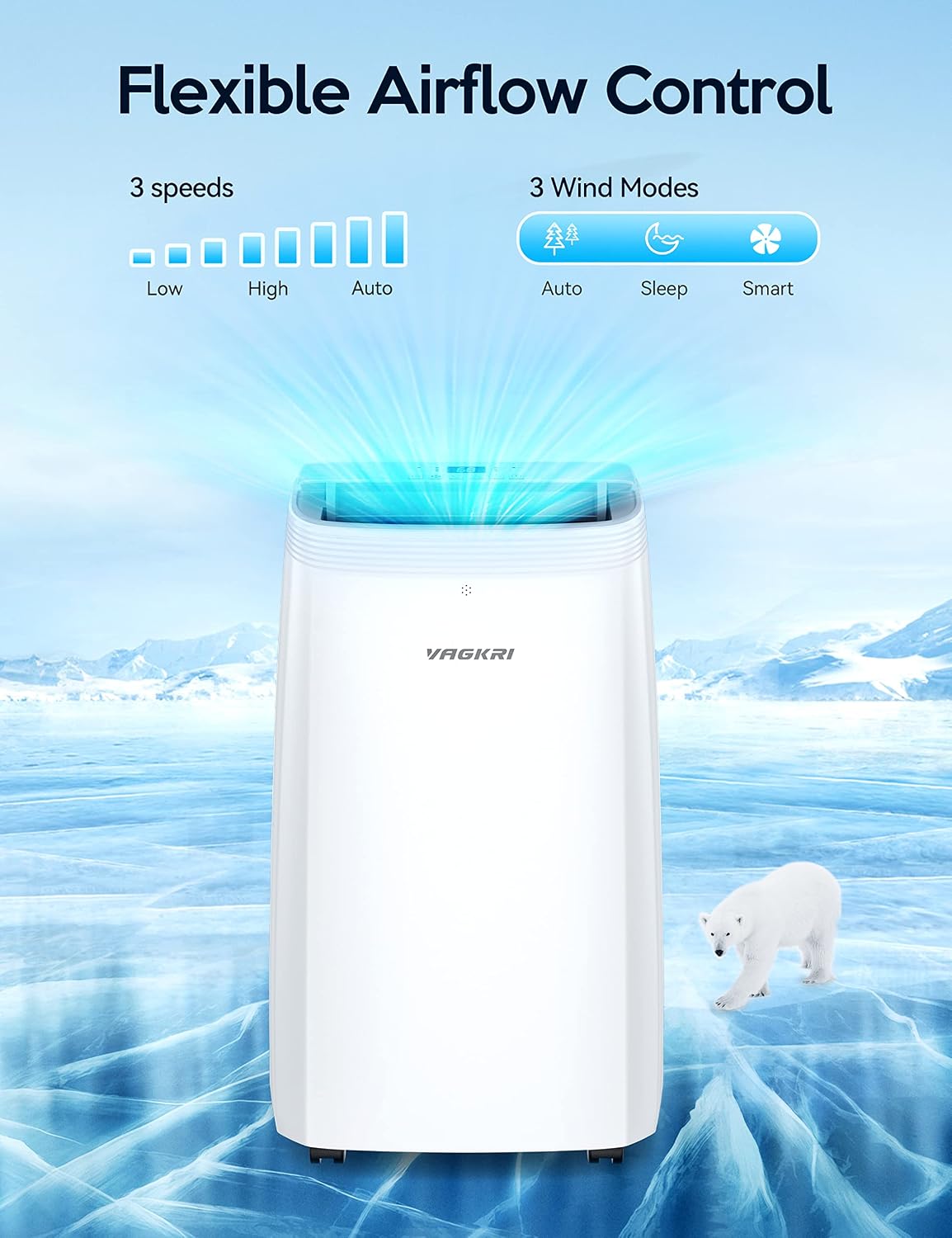VAGKRI 12,000 BTU Portable Air Conditioner, 3-in-1 AC with Fan & Dehumidifier, Cools up to 450 Sq.Ft, Energy Efficient AC Unit with Remote Control, Sleep Modes, 24H Timer for Bedroom, Room, Office