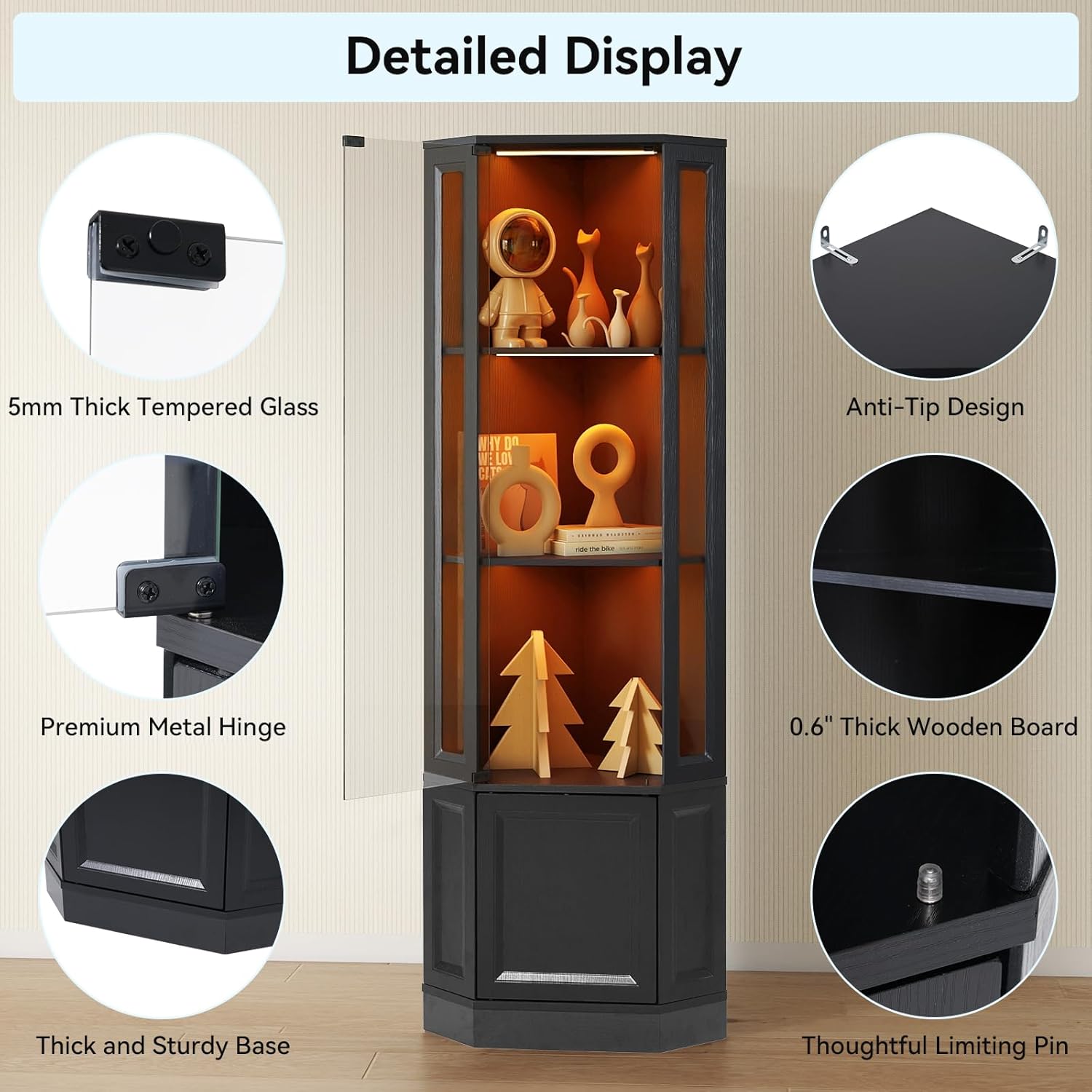 Verano Garden Corner Display Cabinet with Glass Doors, 65' Curio Cabinet w/Multi-Color LED Lights, 4-Tier Lighted Storage Display Case for Collectibles, Showcase Cabinet for Living/Game Room (Black)