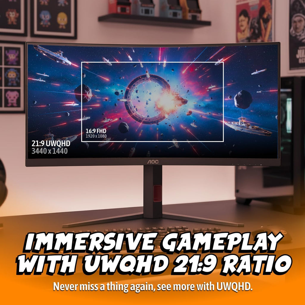 AOC CU34G4H 34 inch Curved Ultrawide Gaming Monitor, WQHD 3440x1440, 200Hz DisplayPort / 100Hz HDMI, 0.3ms MPRT, 1500R VA Panel, Adaptive-Sync, HDR Ready, DisplayPort 1.4, HDMI 2.0