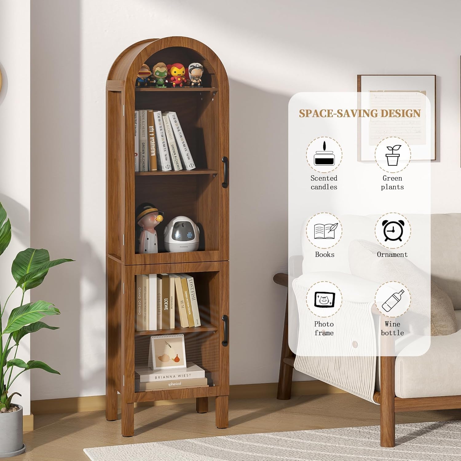 Lxsxlome 64.17 in Tall Arched Display Cabinet with Acrylic Glass Doors 5-Tier Kitchen Pantry Storage Cabinets Modern Wood Curio Cabinet Bookcase for Living Dining Room (Walnut, 16.92''W)