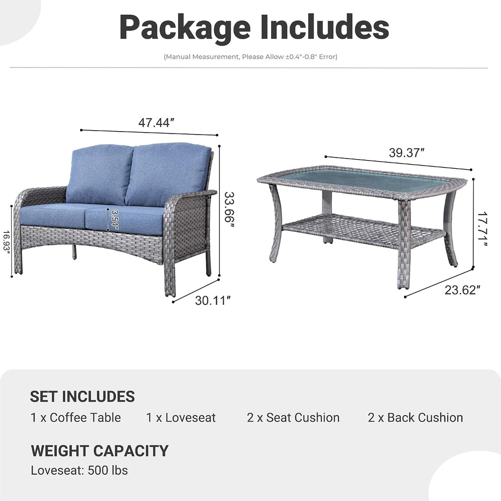 ovios 2-Piece Patio Furniture Set, Outdoor Wicker Sofa with Coffee Table, High Back Rattan Couch Loveseat with Comfy Cushions for Porch Yard Deck, Denim Blue