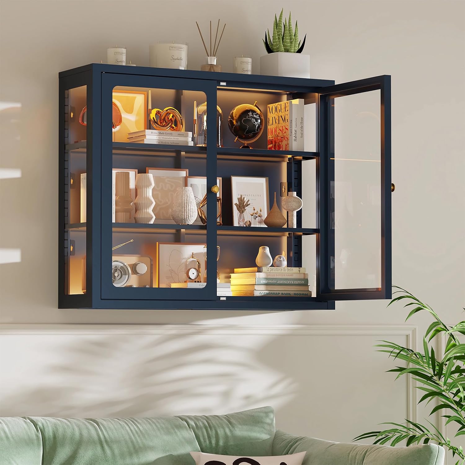 Bathroom Wall Cabinet with 13-Color Light, Wall Mounted 3-Sided Glass Display Cabinet with Adjustable Shelves, Floating Metal Medicine Storage Cabinet for Kitchen Living Room - Blue