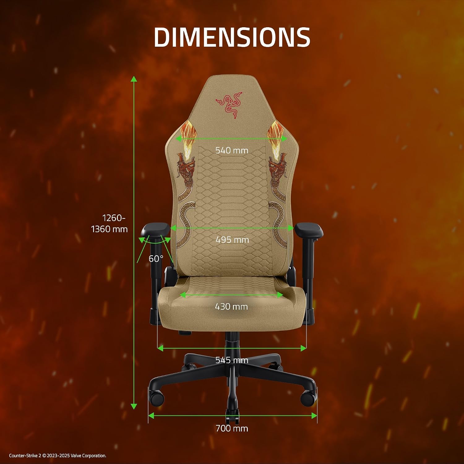 Razer Iskur V2 X Ergonomic Gaming Chair: Built-in Lumbar Support - Widened Seat - High Density Foam Cushions - Adjustable 152 Degree Recline - 2D Armrests - Plush Fabric - Counter Strike 2 Edition