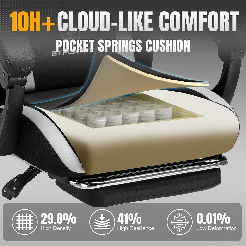 GTPLAYER Gaming Chair with Foot Rest & Pocket Spring Cushion, Ergonomic High Back Computer Chair with Headrest & 360°-Swivel Seat for Home Office Desk, PU Leather, White/Black