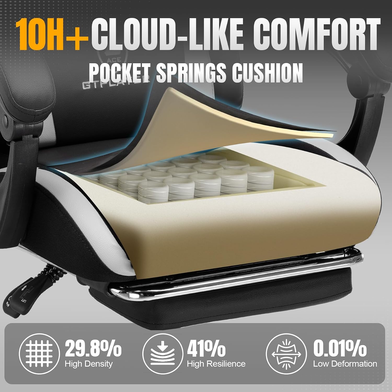 GTPLAYER Gaming Chair with Foot Rest & Pocket Spring Cushion, Ergonomic High Back Computer Chair with Headrest & 360°-Swivel Seat for Home Office Desk, PU Leather, White/Black
