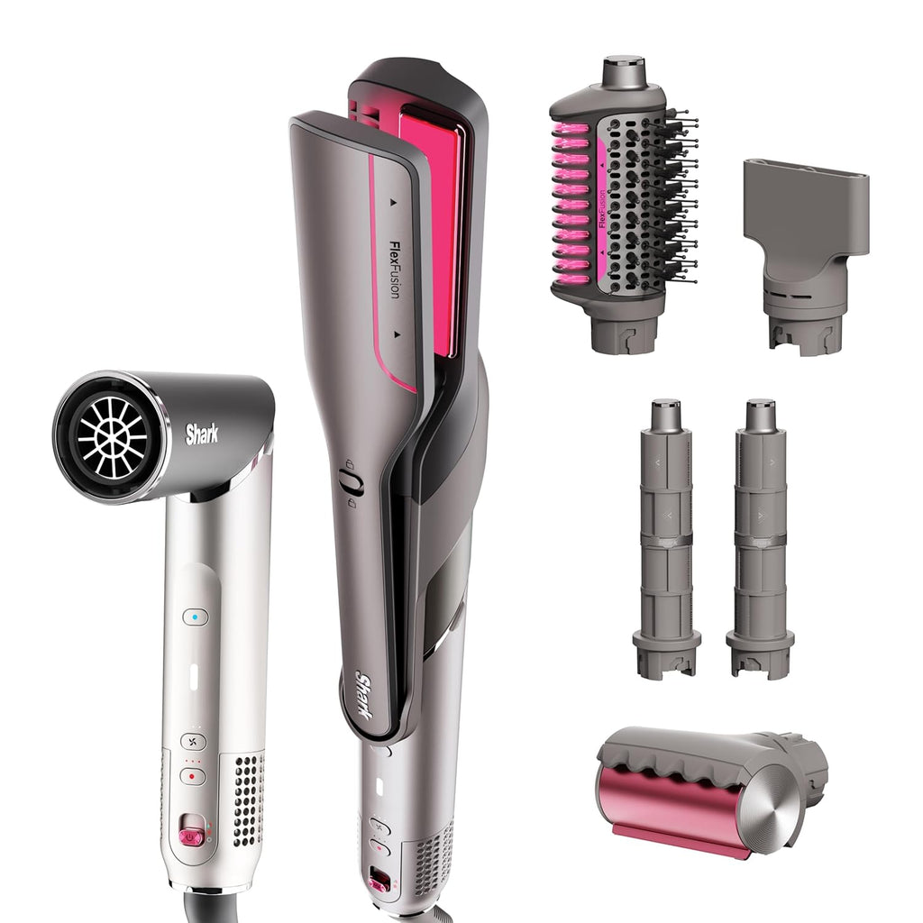 Shark Flex Fusion Hair Straightener & Powerful Hair Dryer with Fusion Hair Brush, Air Styler with Auto-Wrap Hair Curlers, Concentrator, & Frizz Fighter, Metallic Mist, HD651S