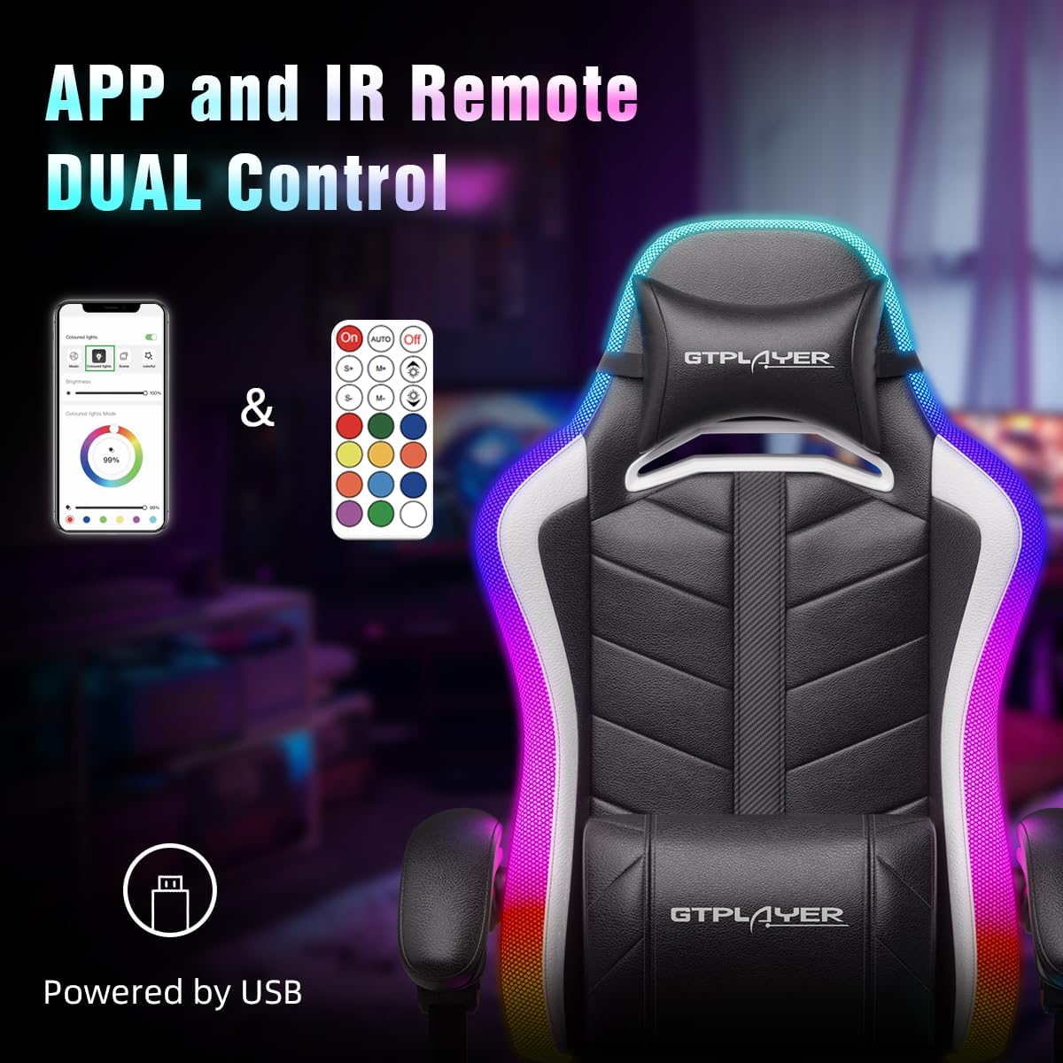 GTPLAYER Gaming Chair, Computer Chair with RGB LED Lights, High Back Ergonomic Chair for Adults with Footrest and Linkage Armrests& Headrest Lumbar Support (Without Bluetooth Speakers)