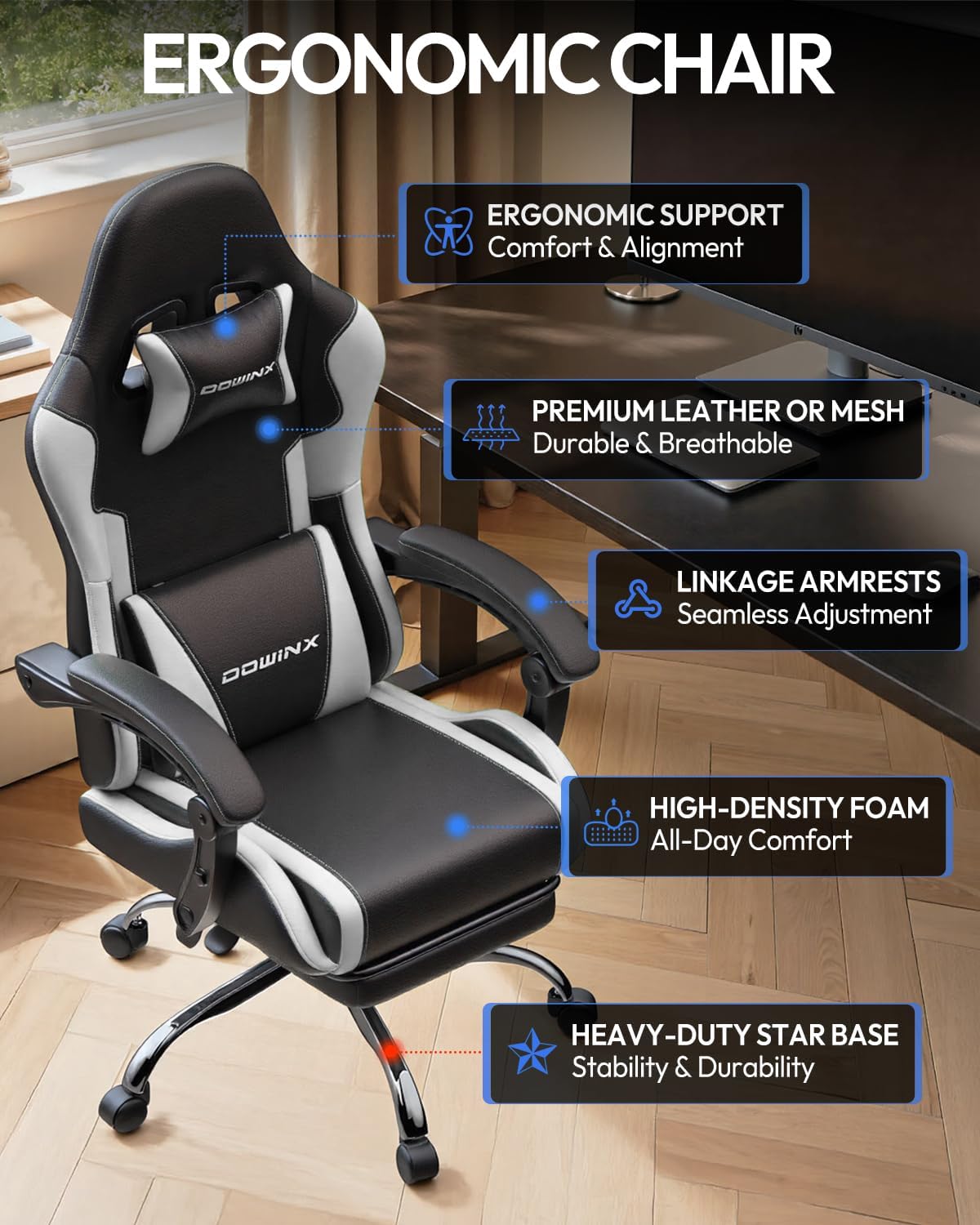 Dowinx Ergonomic Gaming Chair with Footrest & Massage Lumbar, 2D-Linkage Armrests for Computer Chair 330lbs with Headrest Pillow for Office, Home, Streaming and Long Gaming Sessions, White