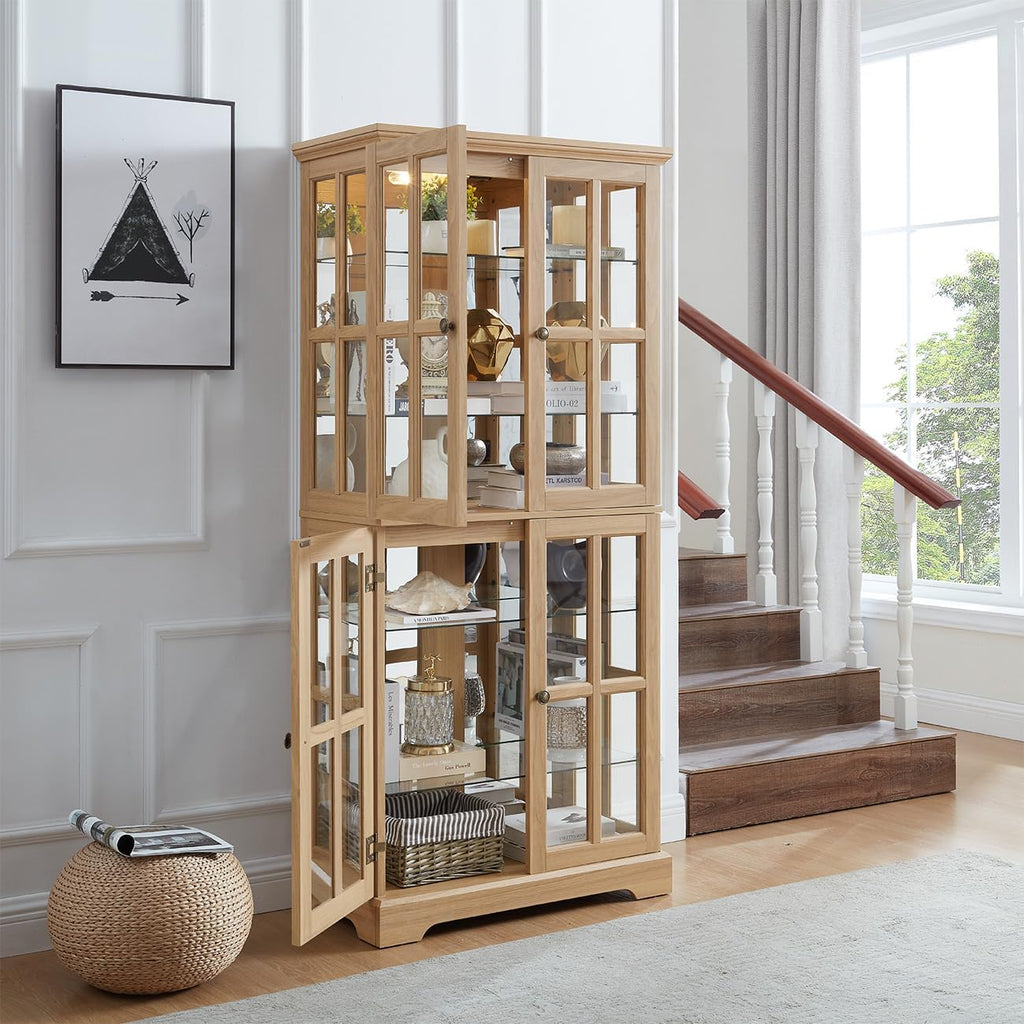 Lighted Glass Curio Cabinet with Lights & Adjustable Shelves,Curio Display Cabinet with Wood Frame & Glass Door,Corner Antique Display Case for Kitchen,Living Room,Office
