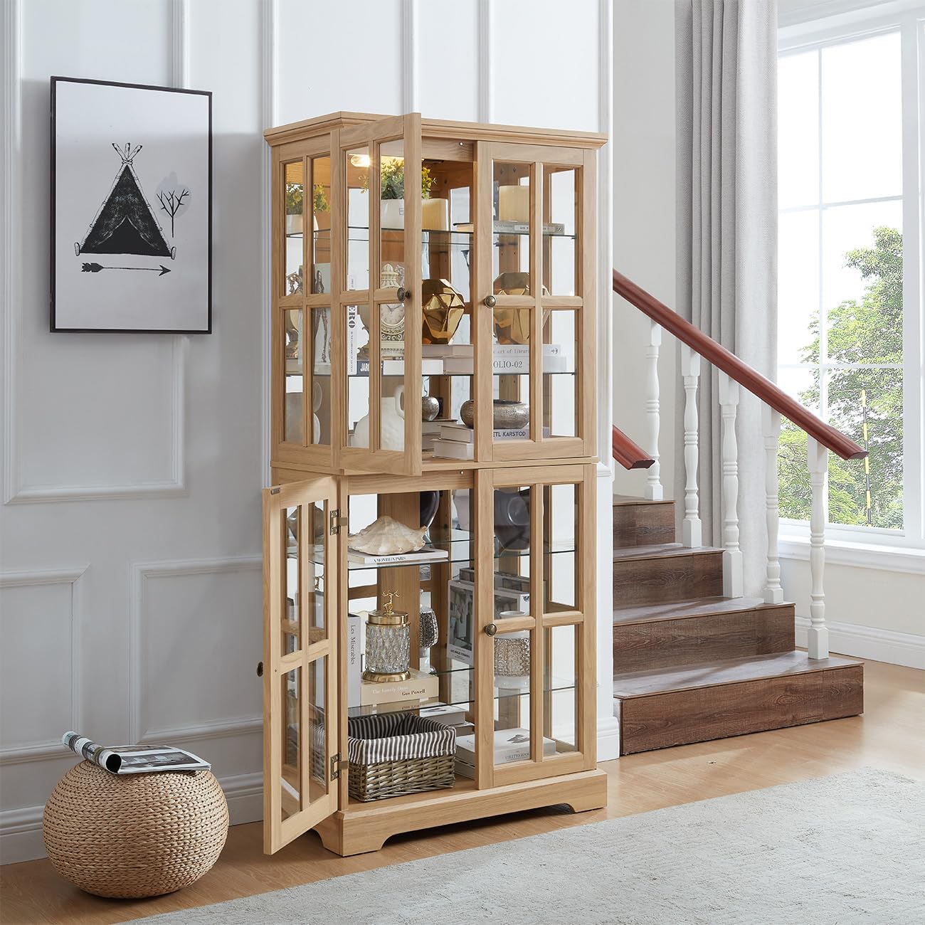 Lighted Glass Curio Cabinet with Lights & Adjustable Shelves,Curio Display Cabinet with Wood Frame & Glass Door,Corner Antique Display Case for Kitchen,Living Room,Office