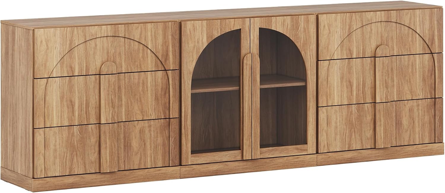 BELLEZE 3-Piece Sideboard Cabinet Set Freely Configurable, Modern Wood Modular Cabinet Contain 2 3-Drawer Storage and Display Glass Door, Accen Storage Console for Dining Room Living Room, Camel