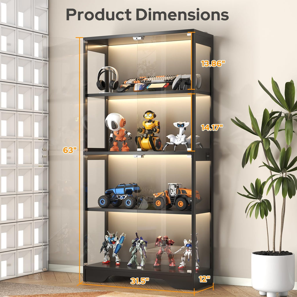 UNIQUITE Display Cabinet with Glass Doors, 63' Curio Cabinet with Color Lights for Collectibles, 4-Tier Display Case with Human Body Sensor for Artwork Books, Black