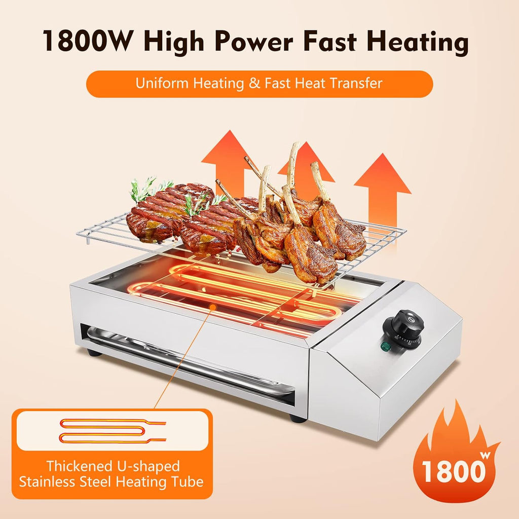Electric Smokeless Indoor Grill - Electric Searing Grill with Adjustable Temperature Control to 572℉ Nonstick Indoor BBQ Rotisserie 1800W Portable Removable Stand Grill For Indoor Outdoor Camping