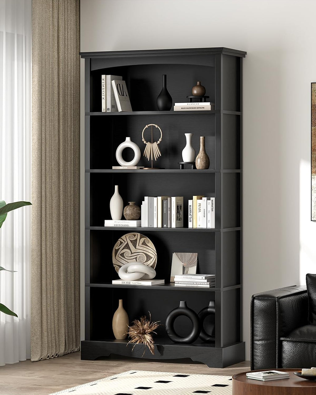 TVU 5-Tier Wooden Bookshelf, 31.5' W x 65' H ×9.9' D Bookshelf with Storage, Floor Standing Modern Style Display Bookcase for Living Room, Office, Study Room, Entryway, Black