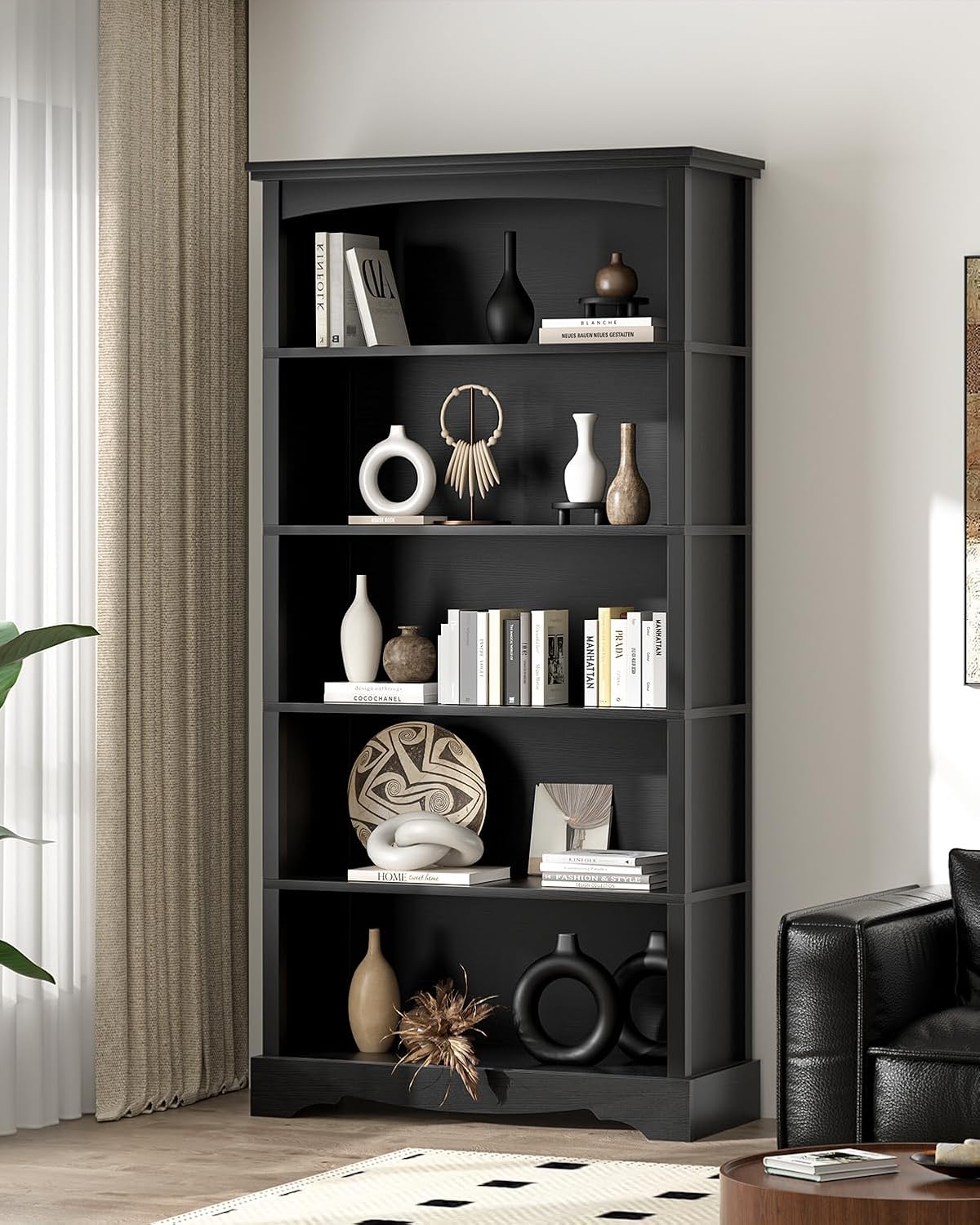 TVU 5-Tier Wooden Bookshelf, 31.5' W x 65' H ×9.9' D Bookshelf with Storage, Floor Standing Modern Style Display Bookcase for Living Room, Office, Study Room, Entryway, Black