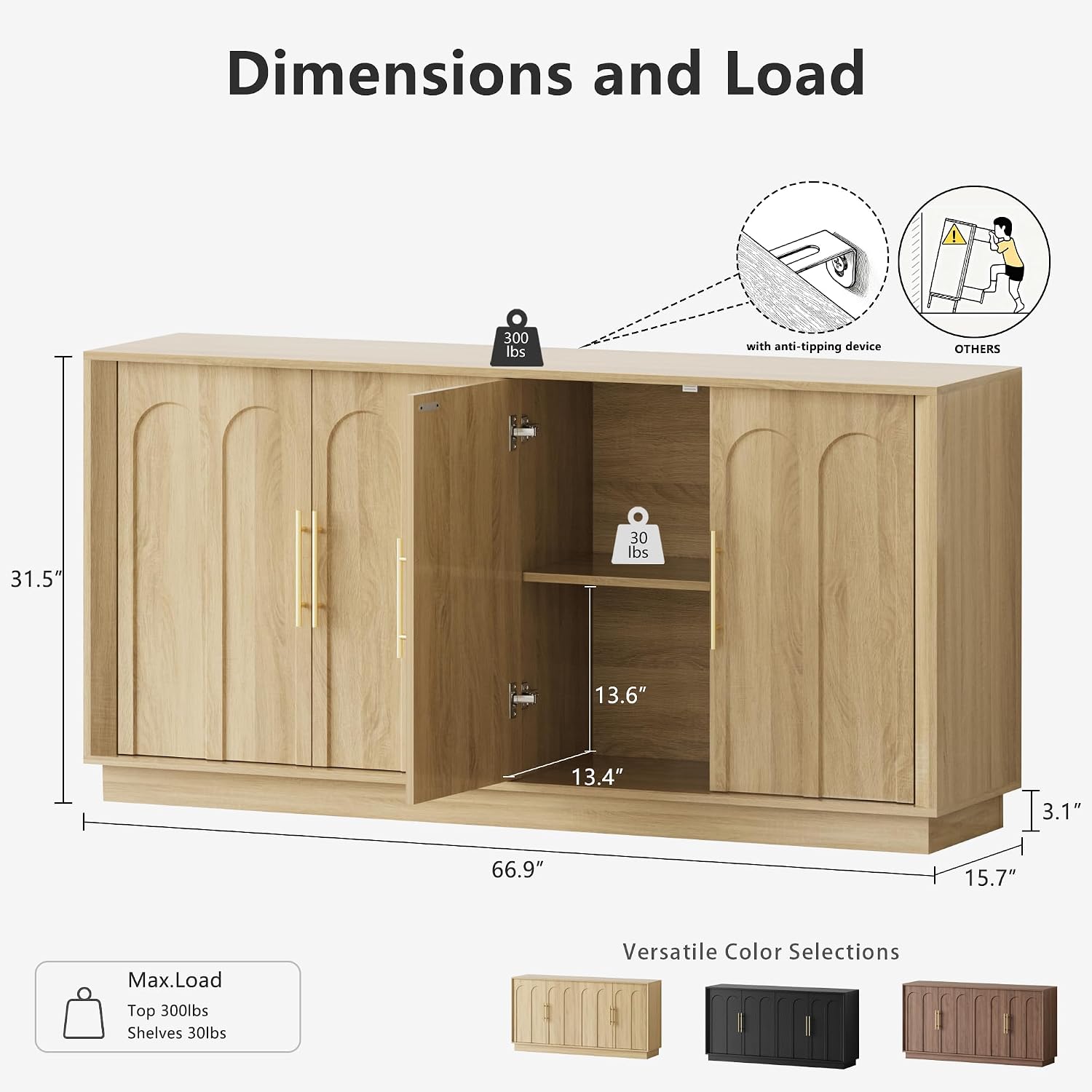 FORTUNETEC Sideboard Buffet Cabinet with Storage, Modern Accent Cabinet with Arched Doors, Boho Modular Media Console, 67' Large Minimalist Credenza for Living Room Kitchen Dining Room Entryway, Oak