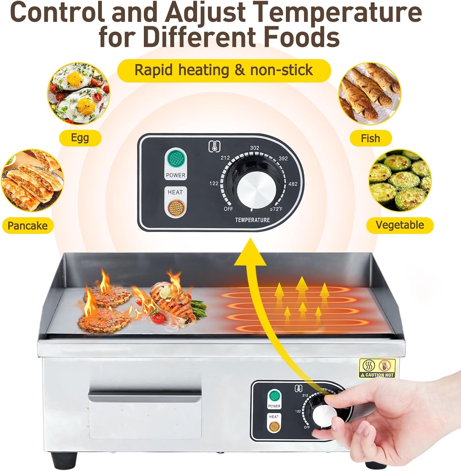 1600W 22' Half Flat Top Electric Griddle – Commercial-Grade Stainless Steel, Adjustable Temp, 2 Shovels/Brushes & Plug Included