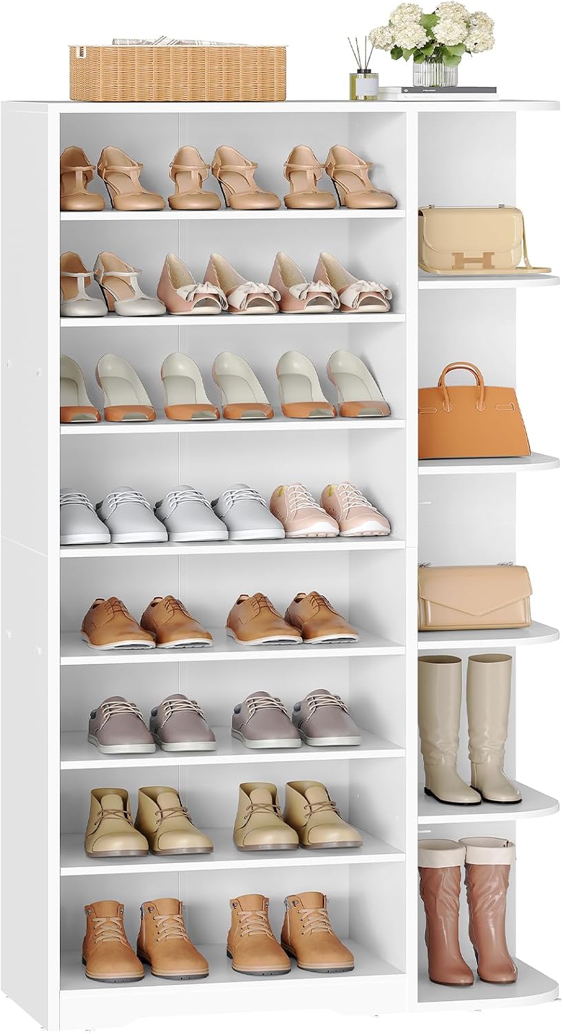 YATINEY Tall Shoe Rack, Multifunctional Shoe Cabinet with Open Storage, Entryway Shoe Organizer for Closet, 9-Tier Wooden Shoe Storage Closet with Adjustable Shelves, White SC22WT