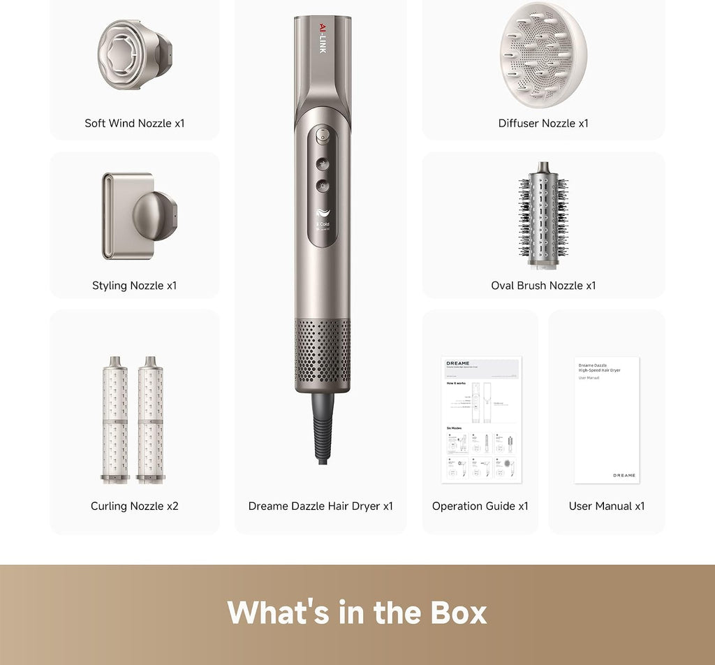 Dreame Dazzle Hair Styler and Dryer- Intelligent Nozzle Recognition, 110,000RPM High-Speed Motor for Fast Drying, 300M Negative Ions, 5 Snap-on Attachments, Smart Screen, 3 Customizable Modes