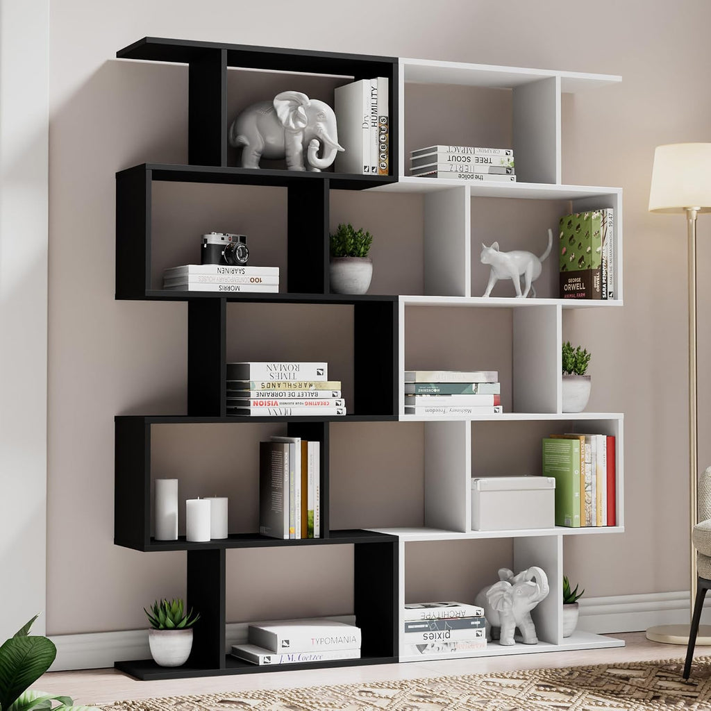 Cozy Castle Set of 2 Geometric Bookcase, S-Shaped Modern Bookshelf, Room Divider Bookshelf, 62' Tall Unique Abstract Bookcase with 5-Tier Display Shelf for Living Room Office, White & Black