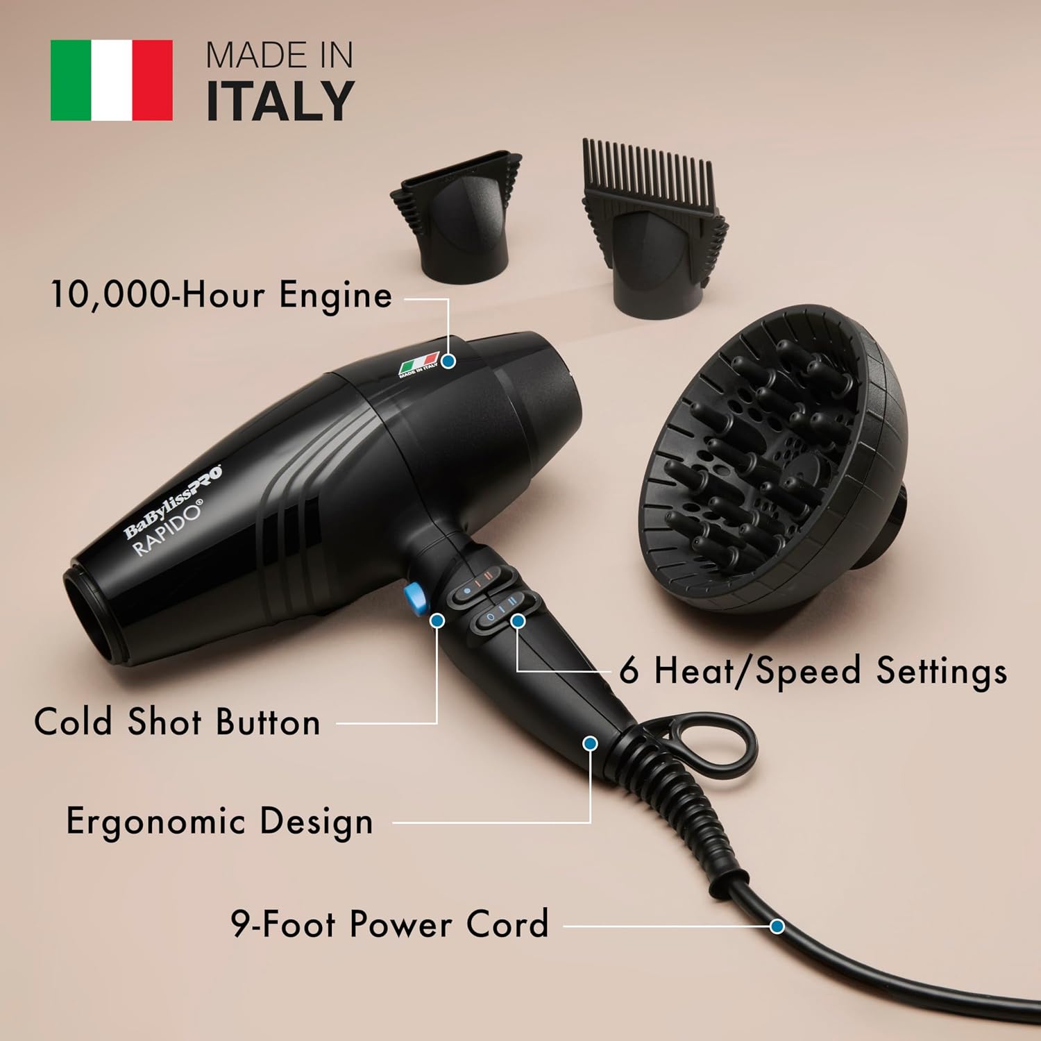 BaBylissPRO Hair Dryer, Nano Titanium Rapido 2000-Watt Blow Dryer, Hair Styling & Appliances, Black, BRAP1