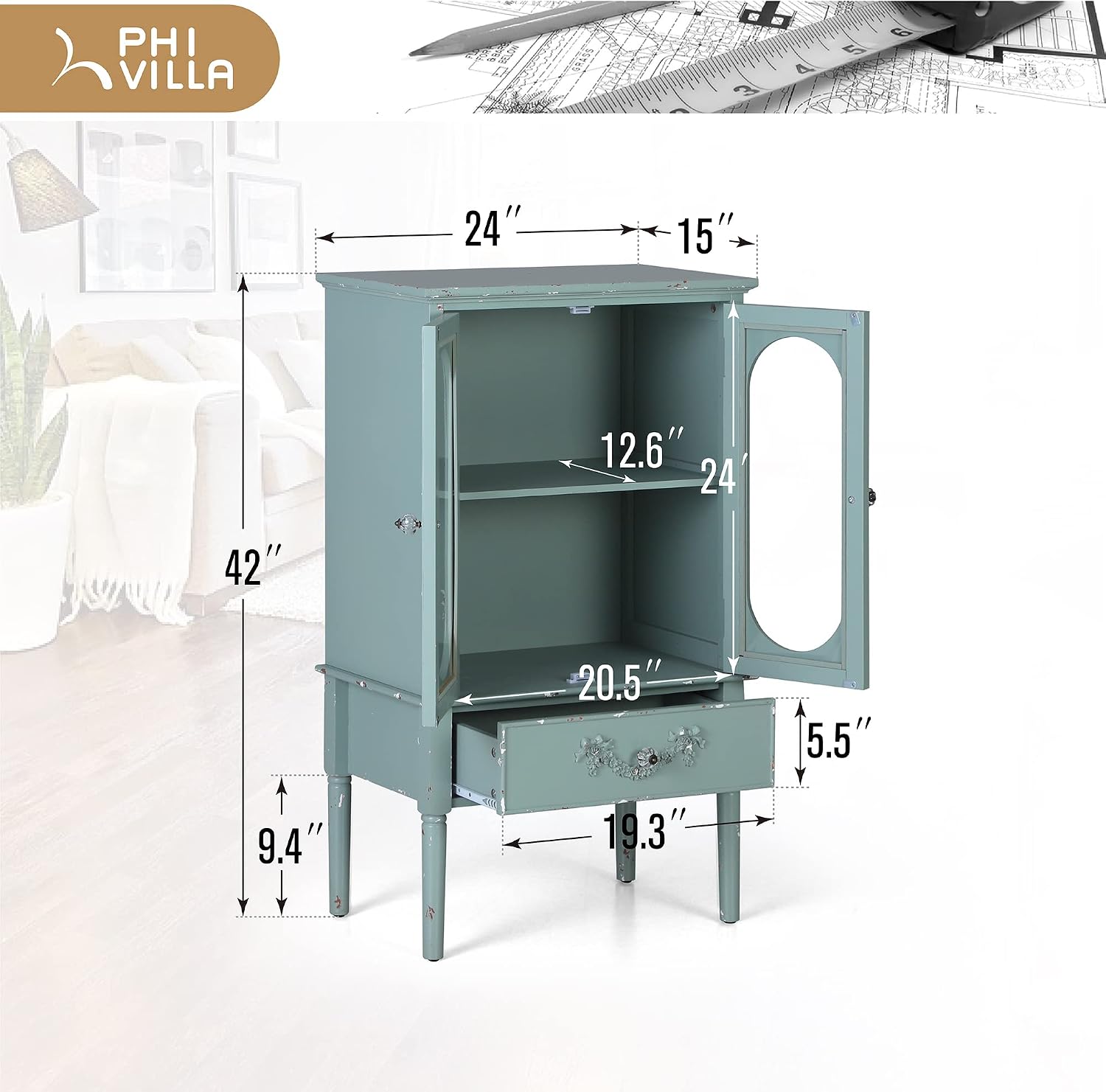 PHI VILLA Accent Cabinet with Glass Doors, Kitchen Storage Cabinet with Drawers, Display Cabinet for Living Room
