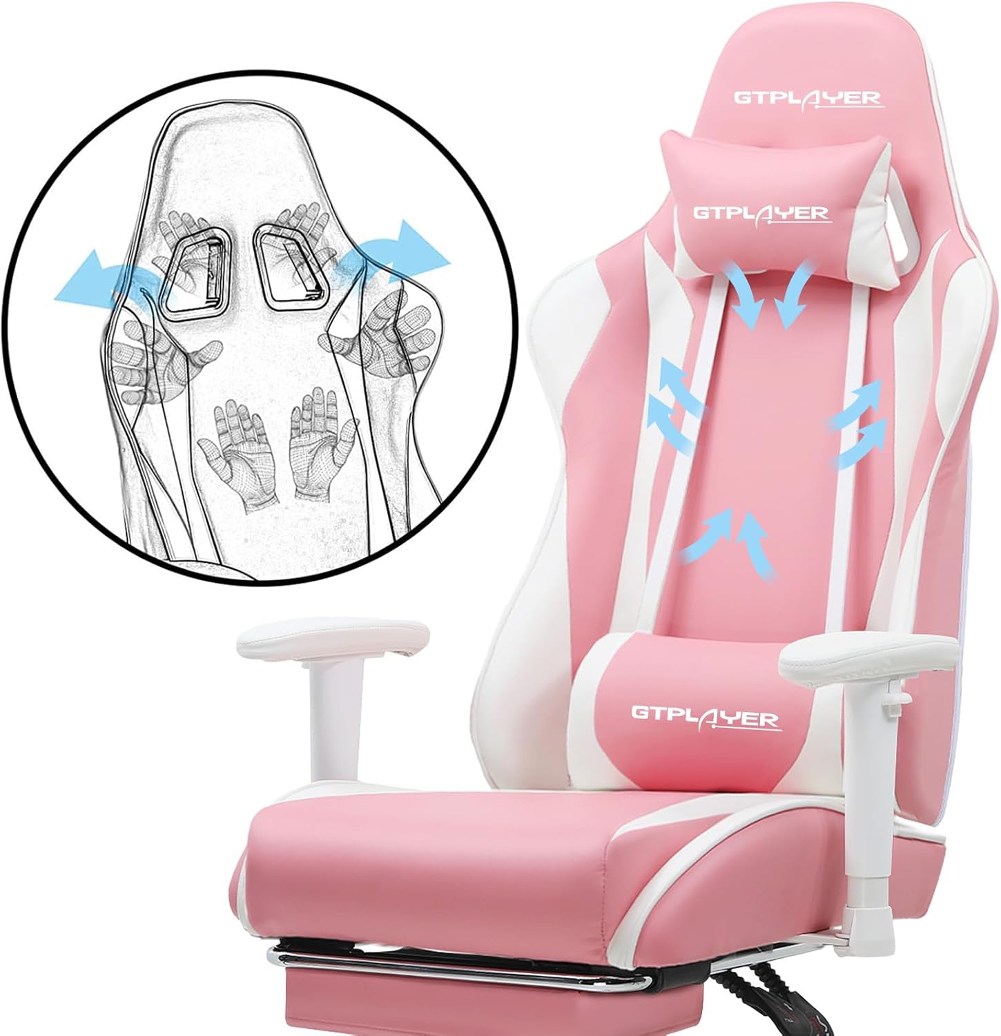 GTPLAYER Gaming Chair with Footrest, Ergonomic Computer Game Desk Chair, Reclining Gamer Chair Seat Height Adjustment, Swivel Rocker with Headrest and Lumbar (Pink)